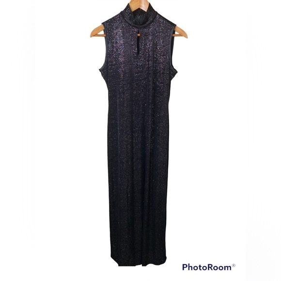 Ronni Nicole Vintage 90s Black Velvet Full Length Keyhole High Neck Dress Size 4